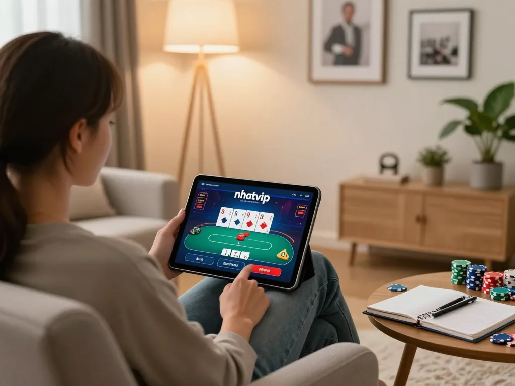 Engaging with nhatvip's online casino platform on a tablet in a cozy home setting.