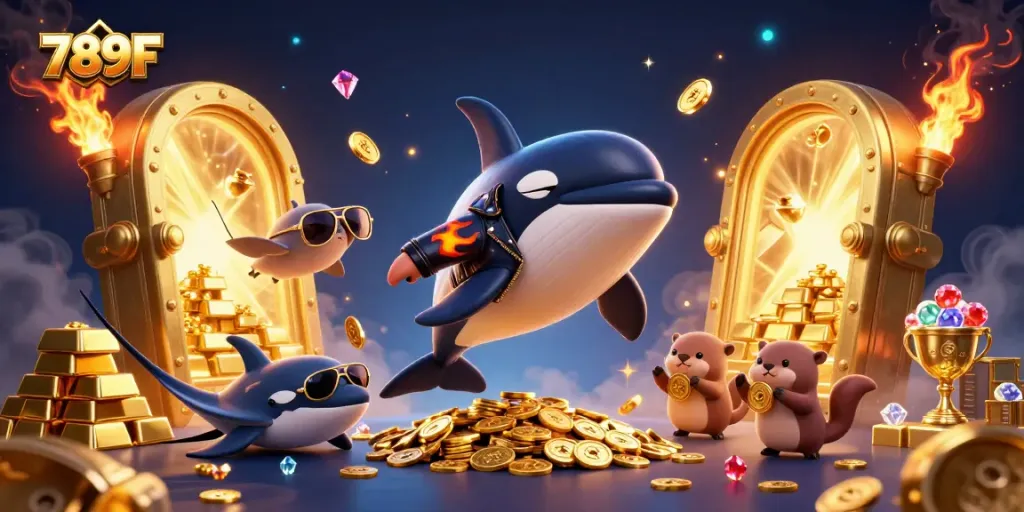 Engage with 789F gaming excitement as a cartoon orca biker jumps alongside playful otters and glowing treasures.