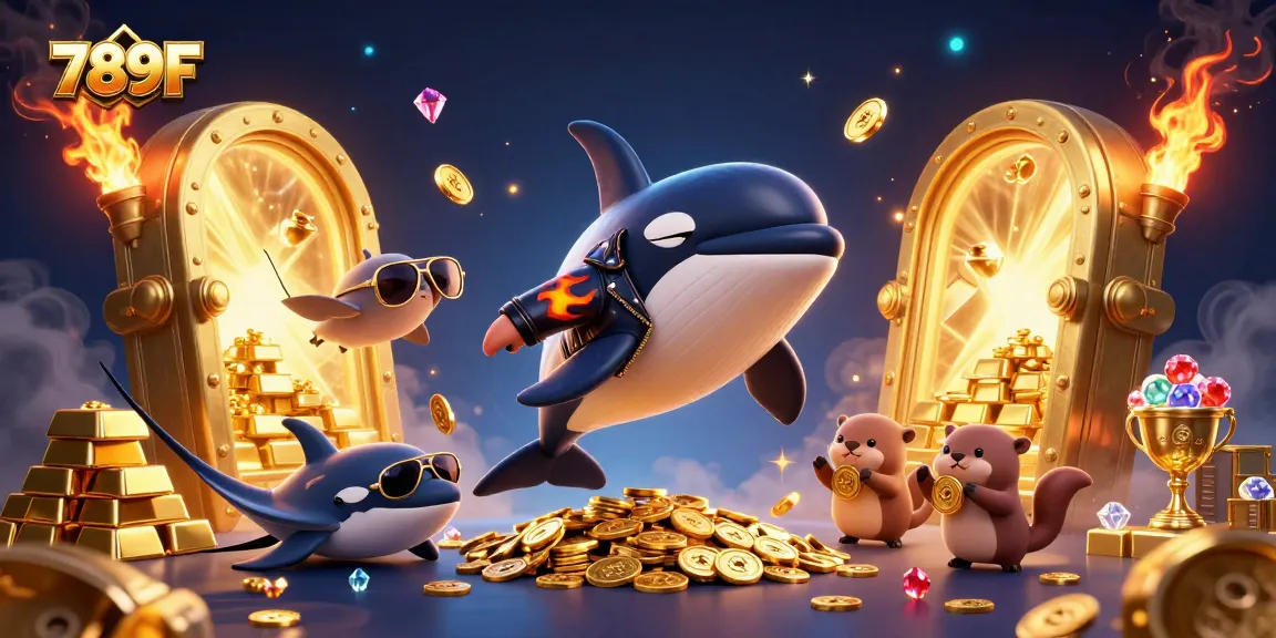 Engage with 789F gaming excitement as a cartoon orca biker jumps alongside playful otters and glowing treasures.