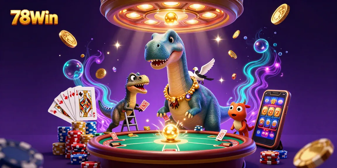 Experience thrilling moments at 78Win with a charming dinosaur-themed casino scene featuring exciting games.
