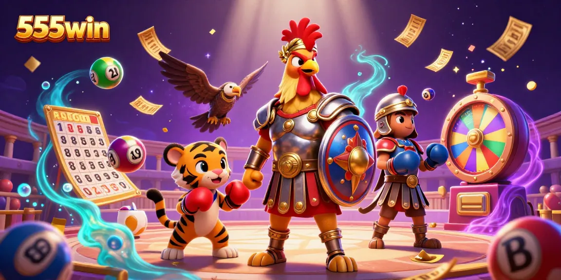 Experience the thrilling world of 555win as a gladiator rooster battles in a vibrant casino scene.