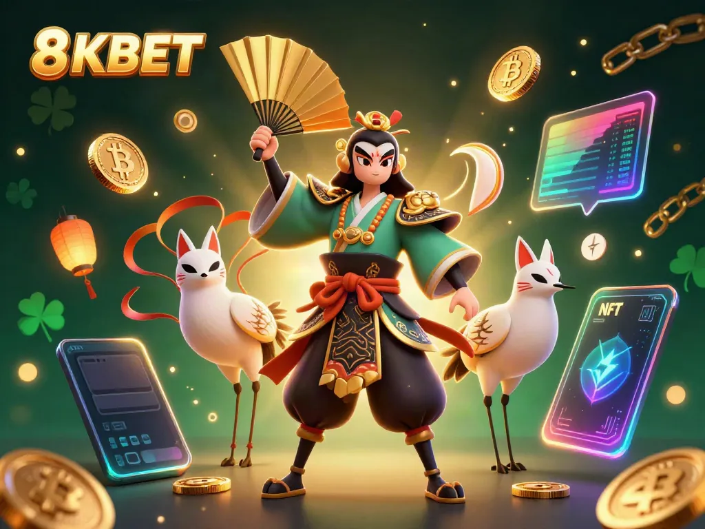 Trải nghiệm 8KBET với hình ảnh trực quan của chiến binh kabuki và đồng tiền ảo