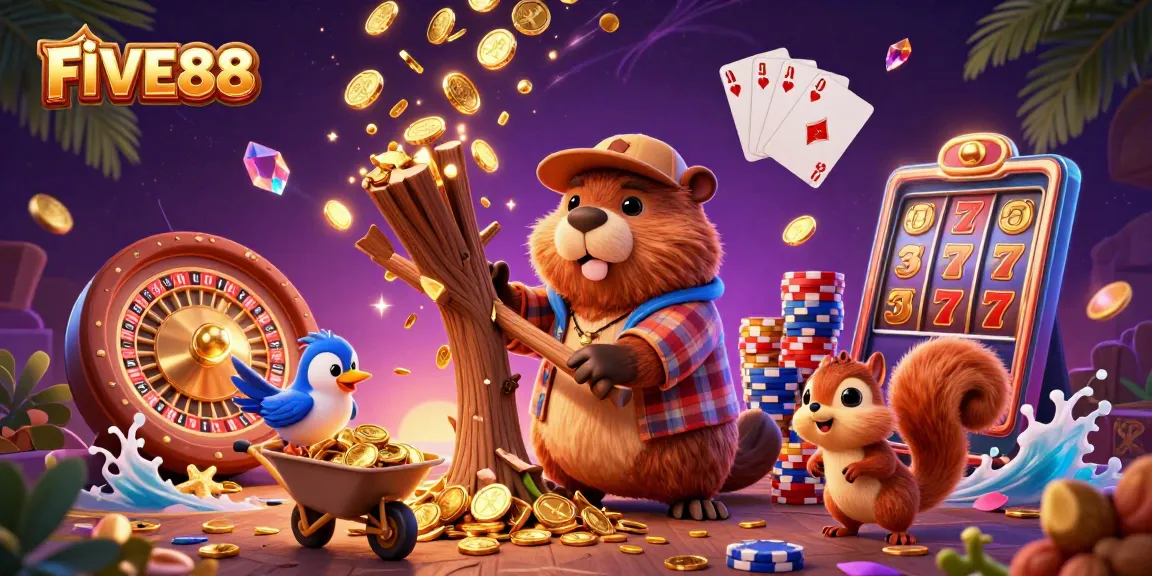 Actively engaging in jackpot fun, FIVE88 showcases a playful beaver, bird, and squirrel amidst cascading coins.