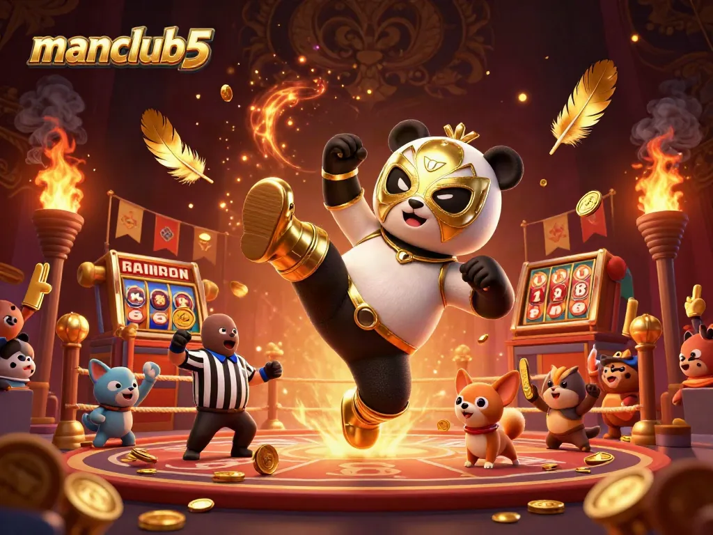 Experience the excitement at manclub5 with a flying panda wrestler in an action-packed casino scene!