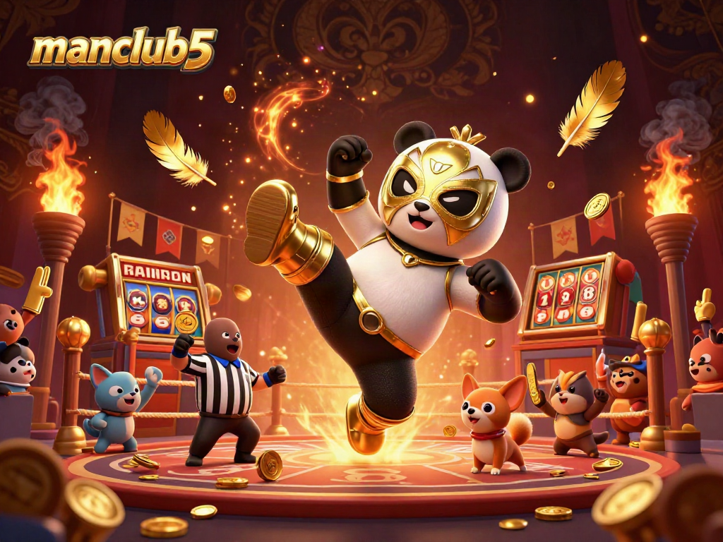 Experience the excitement at manclub5 with a flying panda wrestler in an action-packed casino scene!