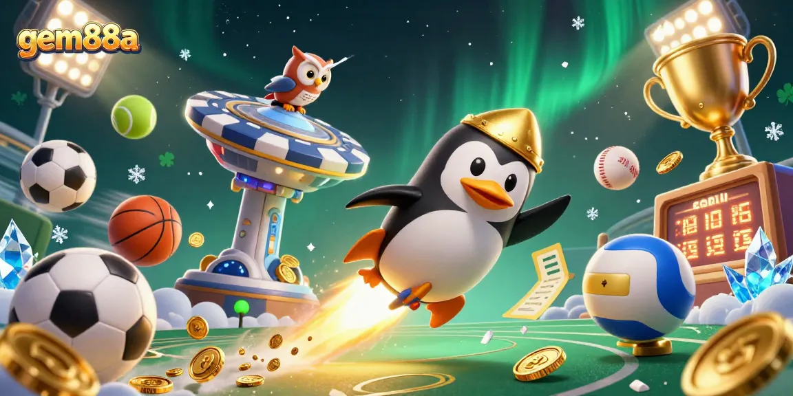 Join the excitement of gem88a casino with a golden penguin blasting through space.