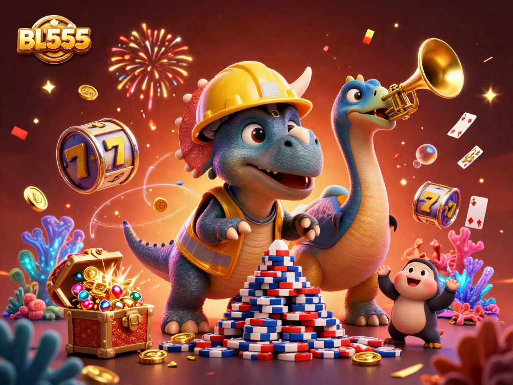 Engage in thrilling gameplay at BL555 with vibrant casino elements like poker chips, slot reels, and confetti.