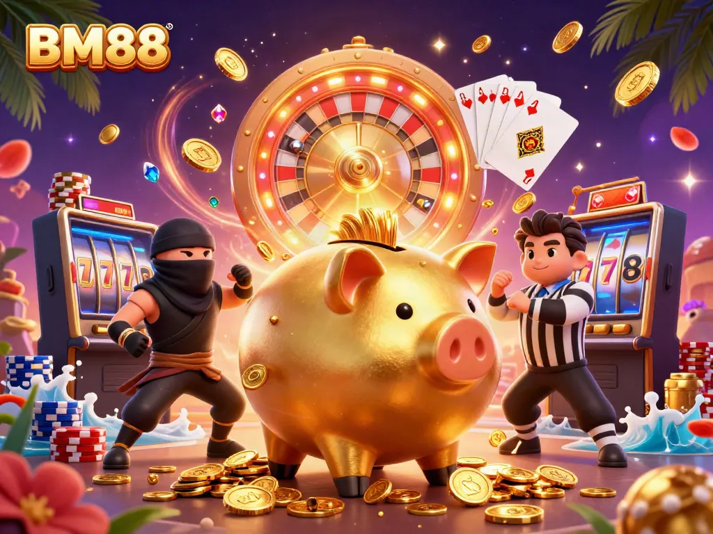 BM88 features a sumo wrestler piggy bank stomping, with coins cascading in a vibrant casino scene.