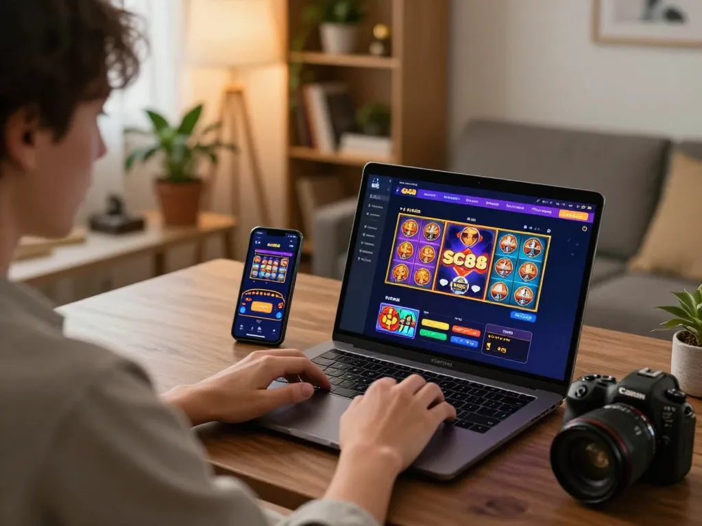 Engaging in online casino gaming with SC88 app on laptop and smartphone in cozy home setting