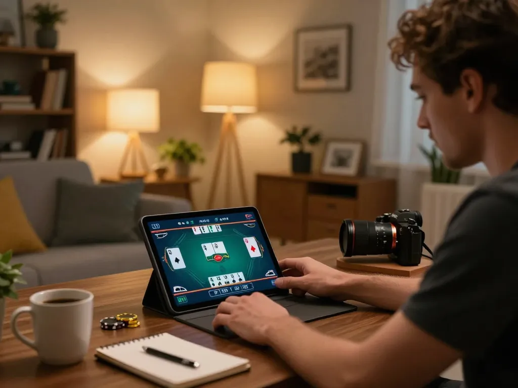 Player enjoying online poker gaming on TG88 platform in a cozy home setting with strategic notes visible