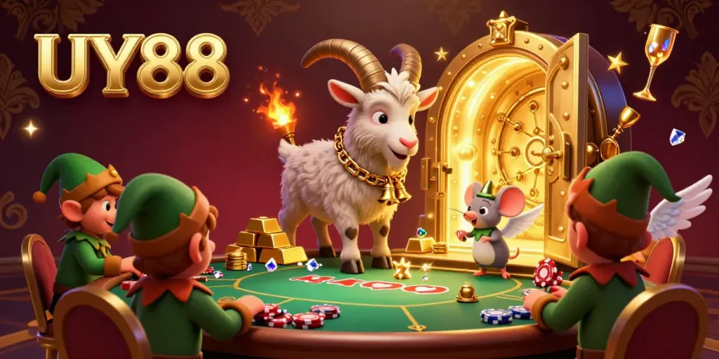 Join the festive chaos at UY88 while the Krampus goat manages a vibrant casino filled with treasures.