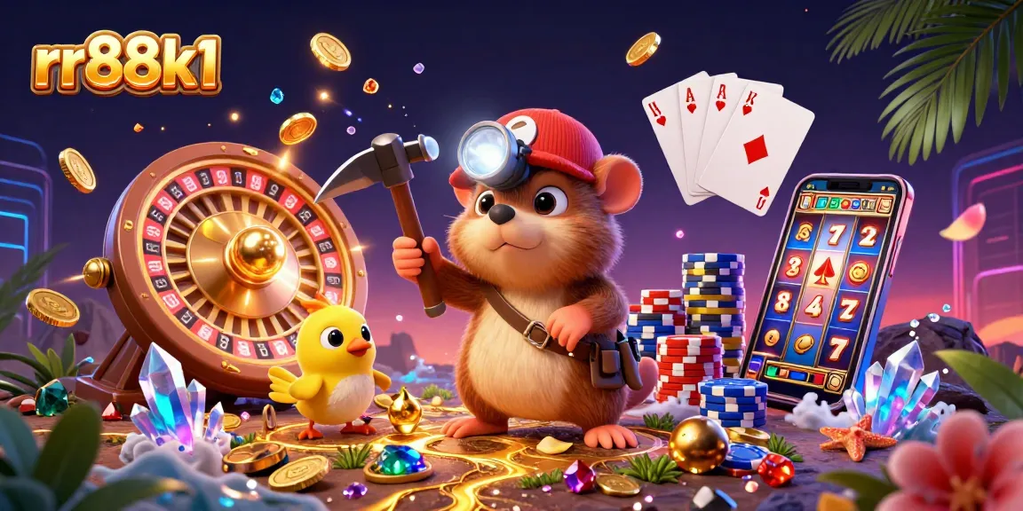 Experience thrilling gaming with rr88k1's vibrant 3D illustration, featuring dynamic casino elements and treasure motifs.