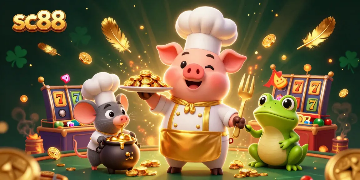 Experience the excitement of SC88 with a vibrant casino scene featuring a chef pig serving gold coins and playful characters around slot games.