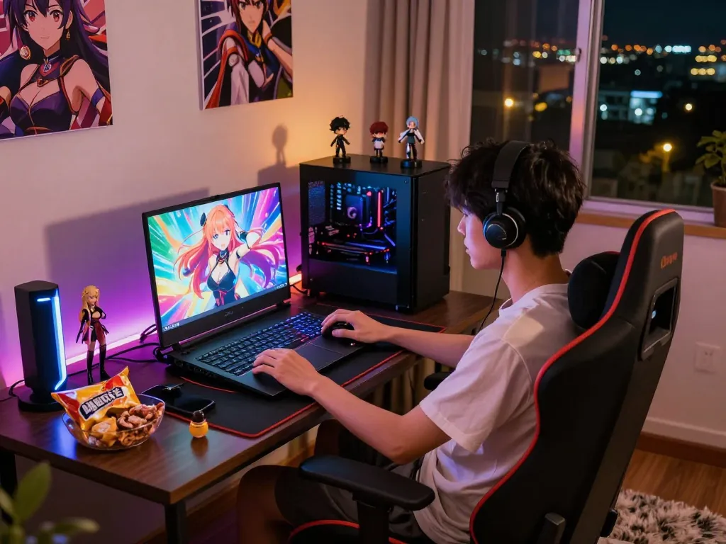 Player immersed in hentai games on a vibrant gaming laptop surrounded by anime decor and snacks.