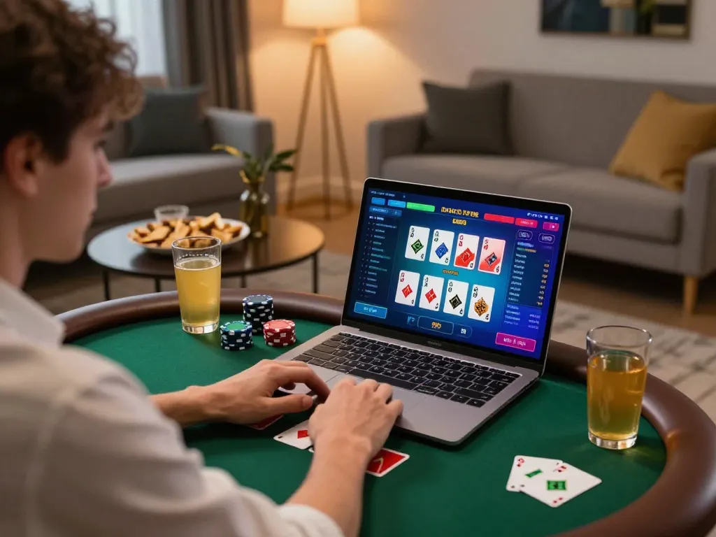 Player strategizing on rik vip poker game at home, enjoying a cozy atmosphere with snacks and drinks.