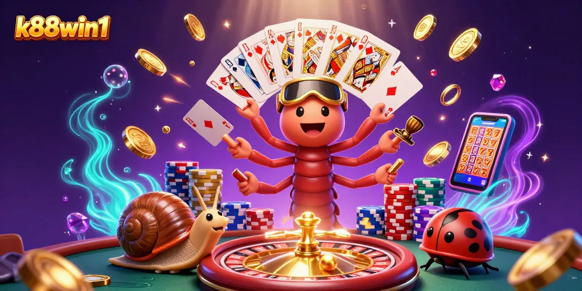 Join the excitement at k88win1 with dazzling casino gameplay featuring vibrant illustrations of games and rewards.