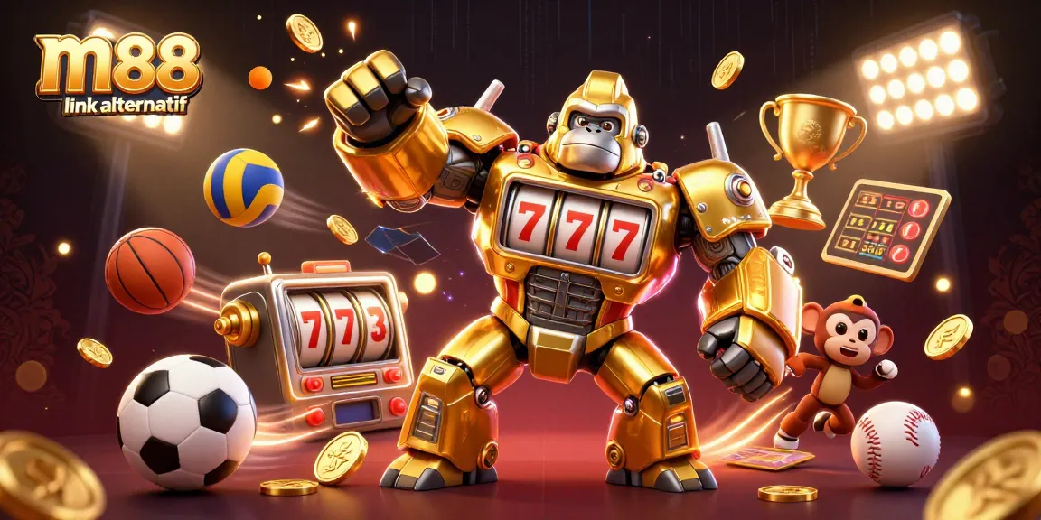 Experience winning excitement with m88 link alternatif, featuring a dynamic golden gorilla mech and sports elements.