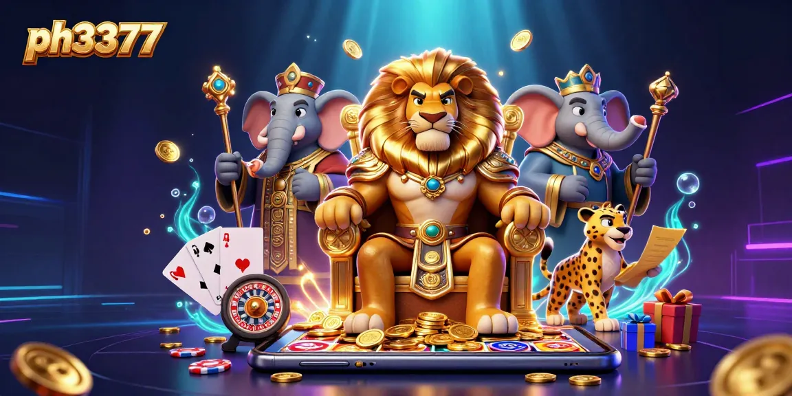 Win big with ph3377's exciting slot games featuring a royal lion king and vibrant casino elements.