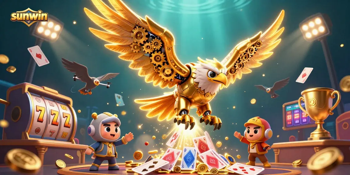 sunwin showcases a vibrant slot gaming scene with a cybernetic eagle and jackpot elements.