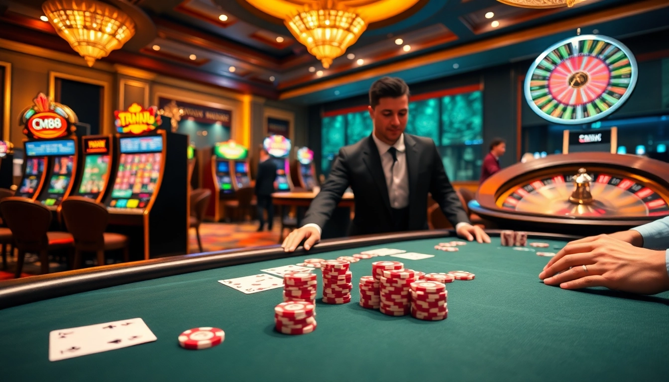 Exciting poker action at cm88 com with vibrant cards and chips in a luxurious casino.