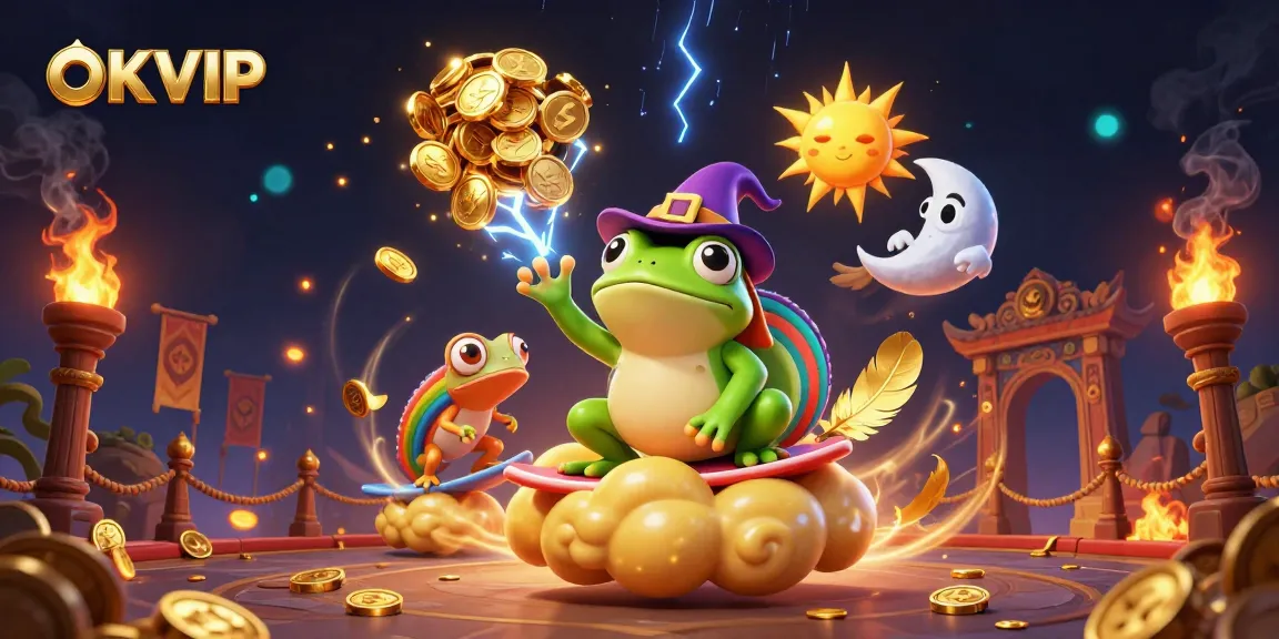 Engaging 3D illustration showcasing the magic of OKVIP casino with vibrant characters and golden coins raining down.