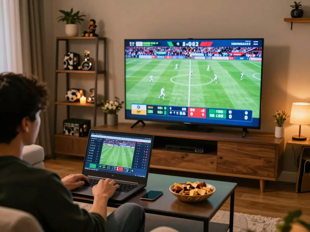 Xoilac sports betting scene with a user placing bets online while enjoying a live match.