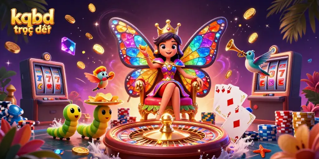 Experience kqbd trực tiếp with vibrant characters, casino elements, and magical energy in a dynamic illustration.