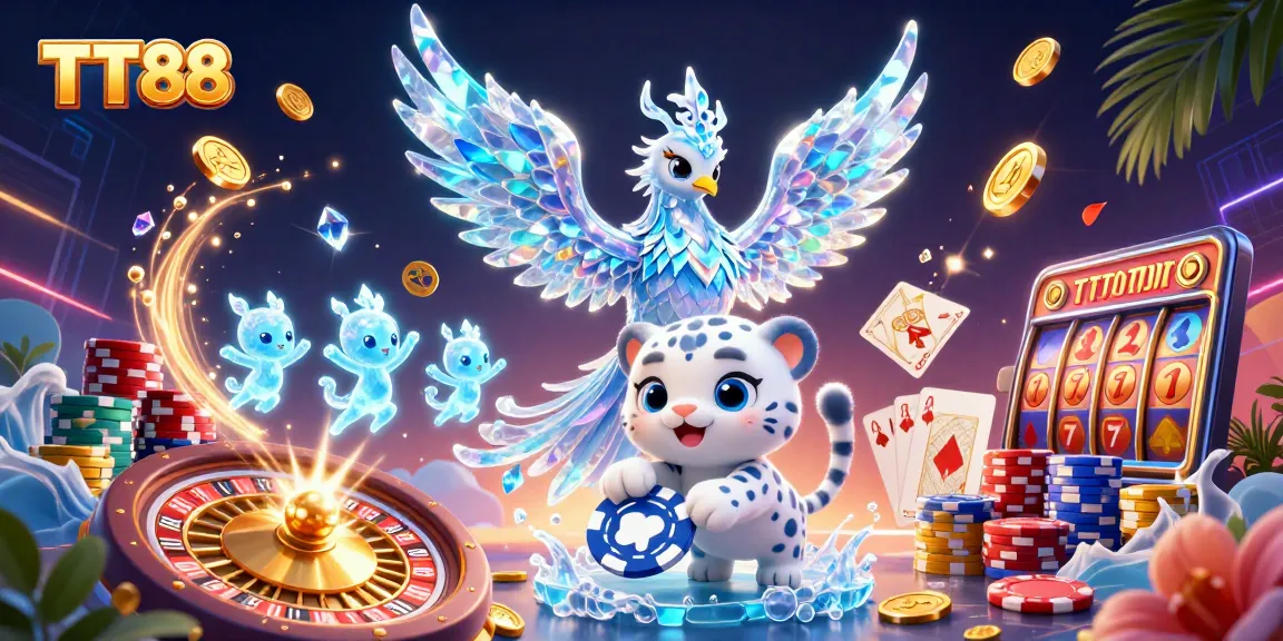 Experience the immersive world of TT88 as an ice phoenix and playful cub bring luck and excitement to your gambling journey.