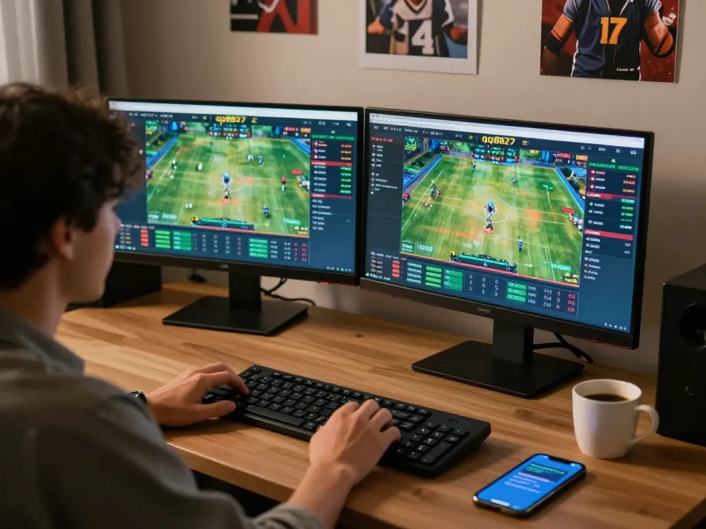 Engaging in real-time betting on qq8827 with sports games on screen in a dynamic home setup.
