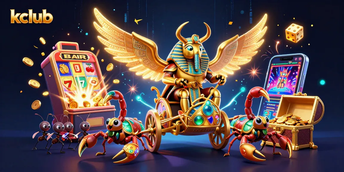 Engage with the thrilling kclub casino experience illustrated by a dynamic scene of a golden scarab beetle and 3D slot machines.