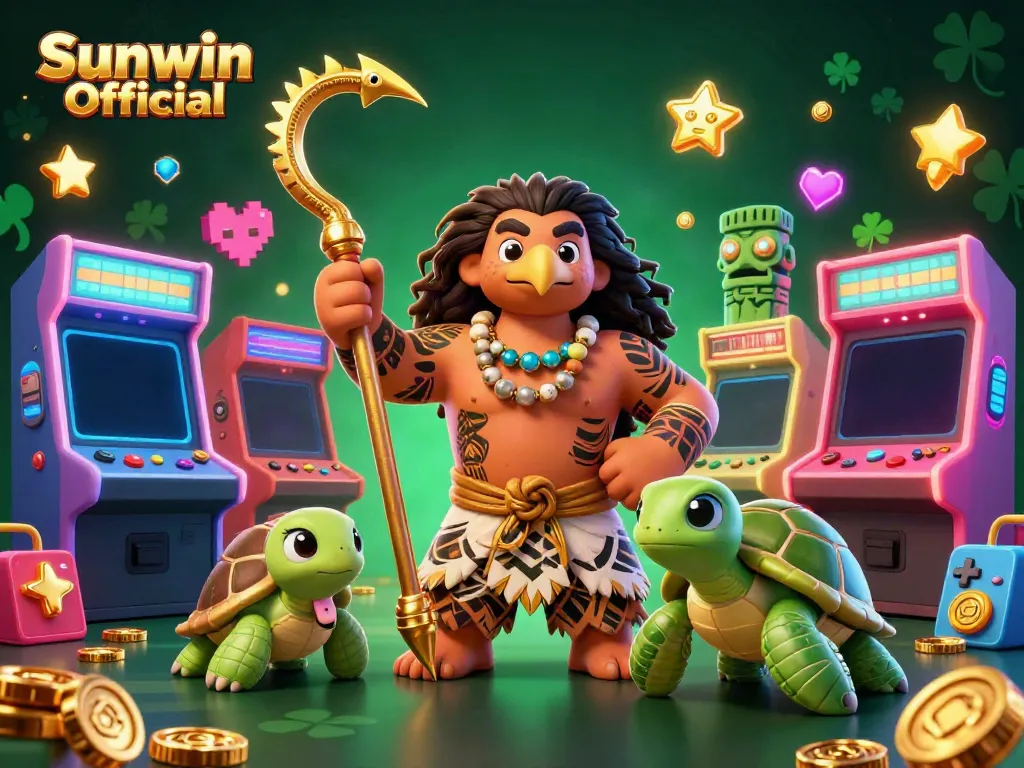 Experience thrilling gameplay with Sunwin Official, featuring a Polynesian warrior and vibrant casino elements.