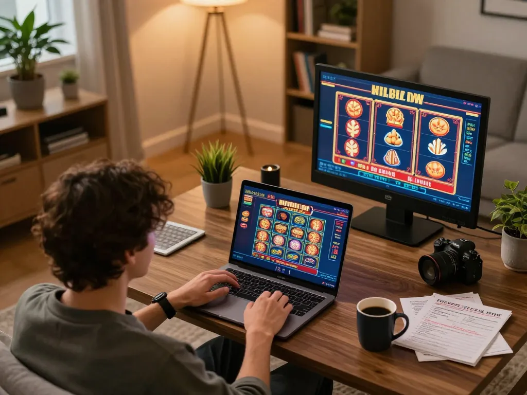 Player enjoying okwin's online games, showing dynamic gameplay on laptop in a cozy home setting.