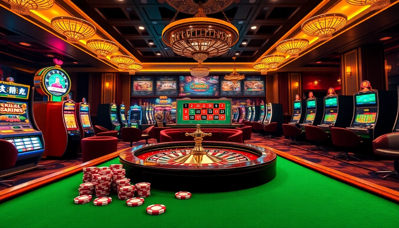 Engage with go88's vibrant online casino interface featuring roulette, slot machines, and poker chips.