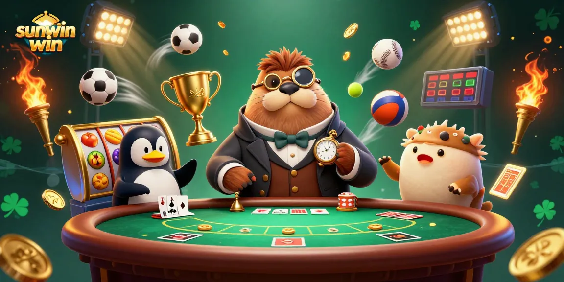 Win big at sunwin win with a jolly walrus playing poker in this vibrant casino scene.