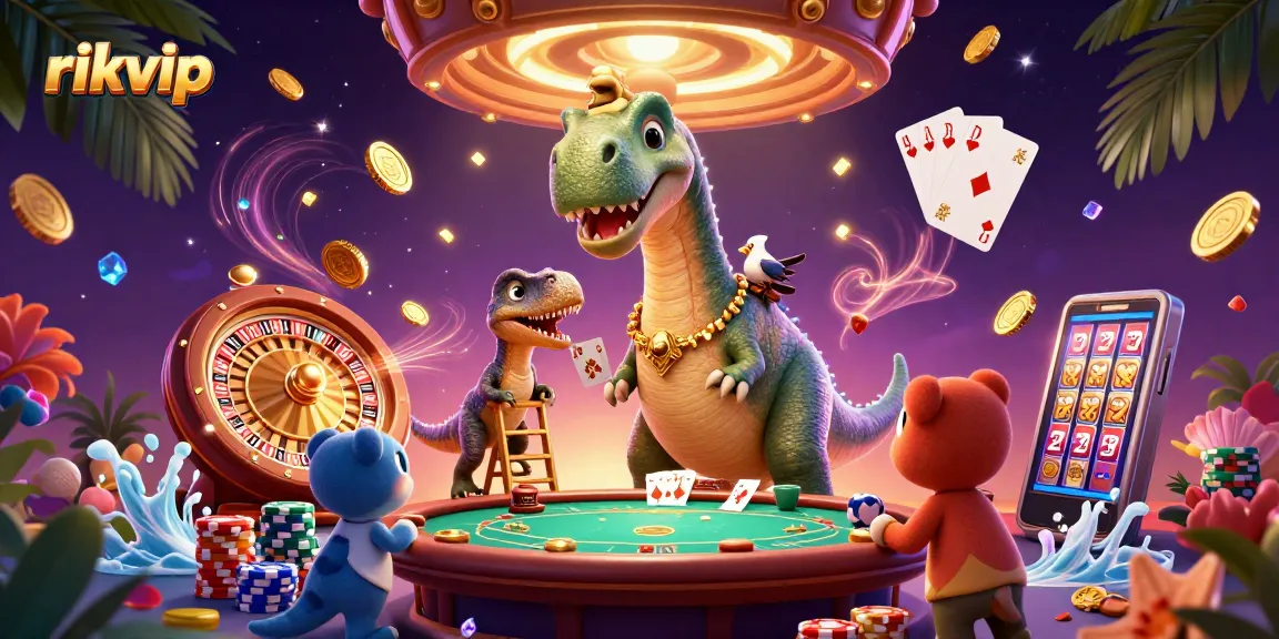 Join the excitement at rikvip with a towering dinosaur dealer creating a unique casino adventure.