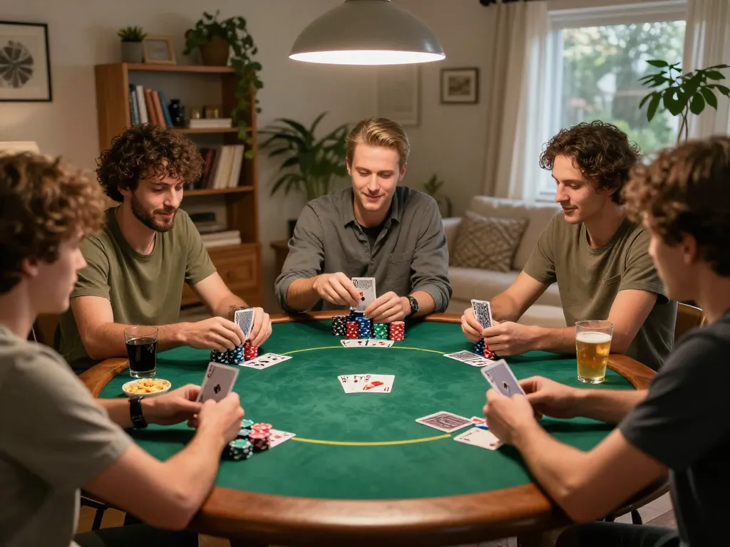 Friends excitedly playing poker at home, showcasing a friendly atmosphere while discussing strategies on go88.