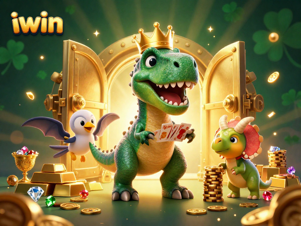 Experience the vibrant casino adventure with iwin as T-Rex shuffles cards and Triceratops stacks chips.