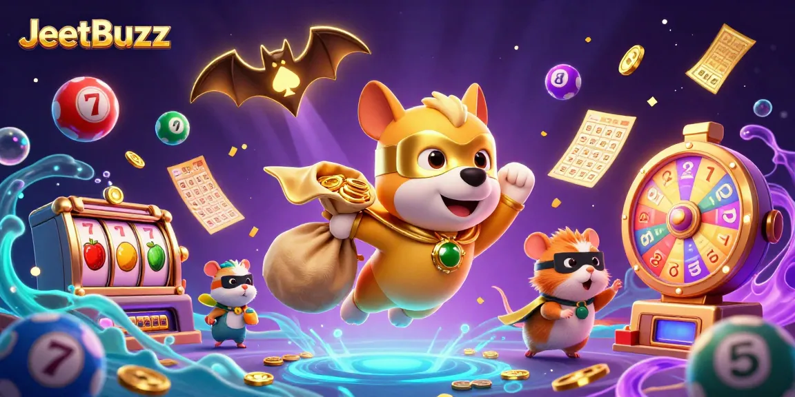 Experience thrilling betting adventures with JeetBuzz in this lively casino-themed illustration.