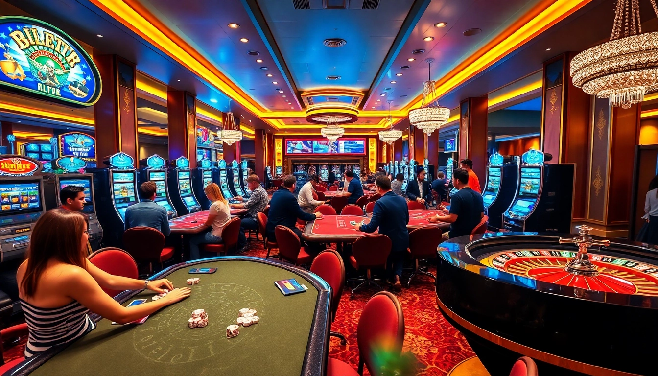 Exciting gambling scene featuring uu88 slot machines and poker tables in a vibrant casino atmosphere.