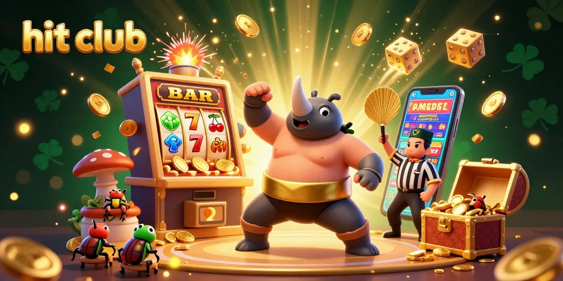 Engage with the thrilling hit club experience showcasing a 3D sumo beetle champion amidst a jackpot explosion of coins and vibrant casino elements.