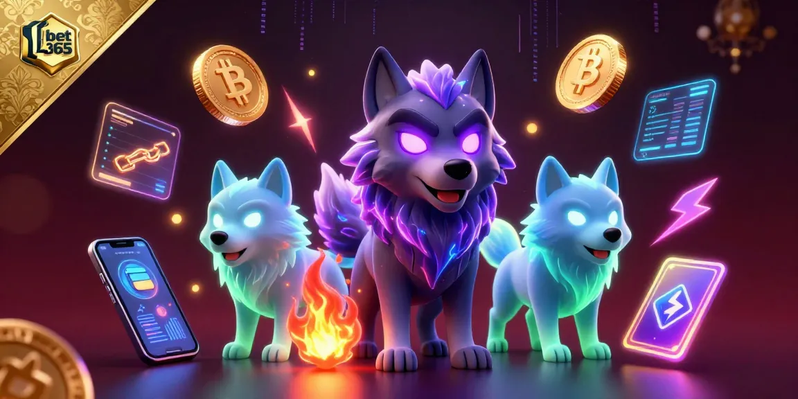 Bet 365 themed casino illustration showcasing a wolf pack leader with glowing eyes surrounded by digital coins and blockchain elements.