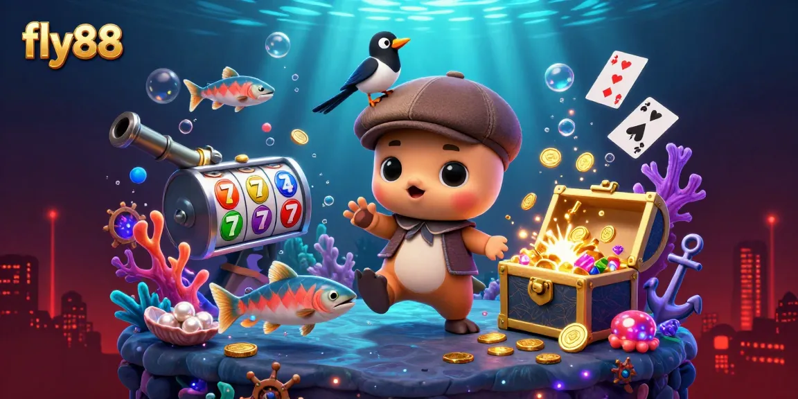 Spin the slots with fly88, witnessing a 3D undersea adventure filled with vibrant treasures and playful characters.