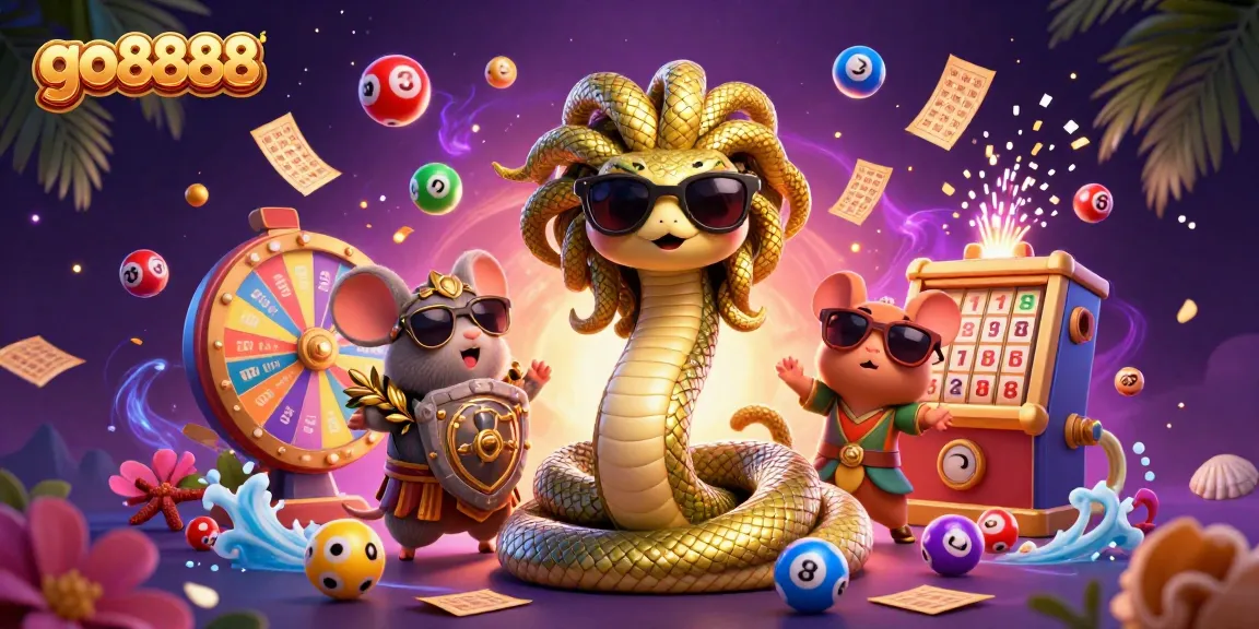Engage in vibrant go8888 gaming with Medusa and a warrior mouse amidst a colorful lottery scene.