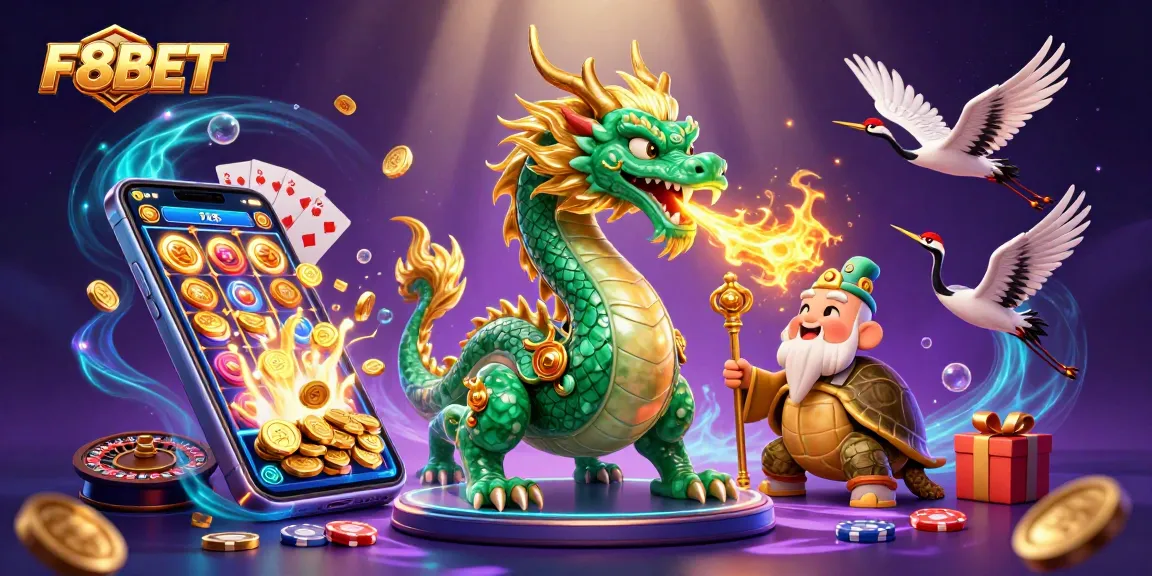 Experience thrilling wins with F8BET's jade dragon and lucky cranes amidst vibrant casino elements.