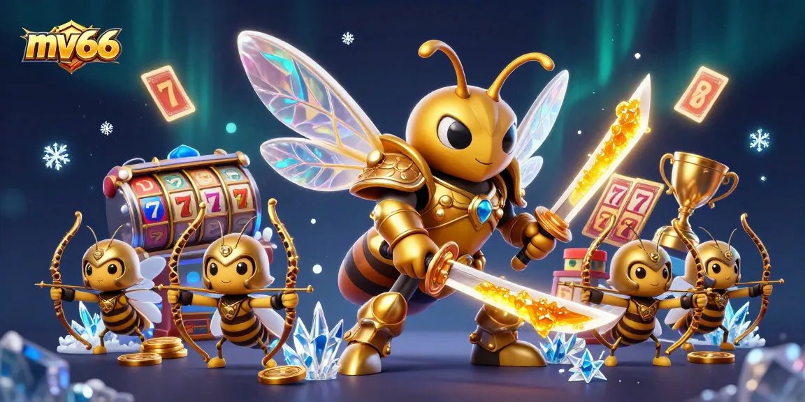 Engage with MV66's dynamic world of slots and casino games, featuring vibrant characters and glowing elements.