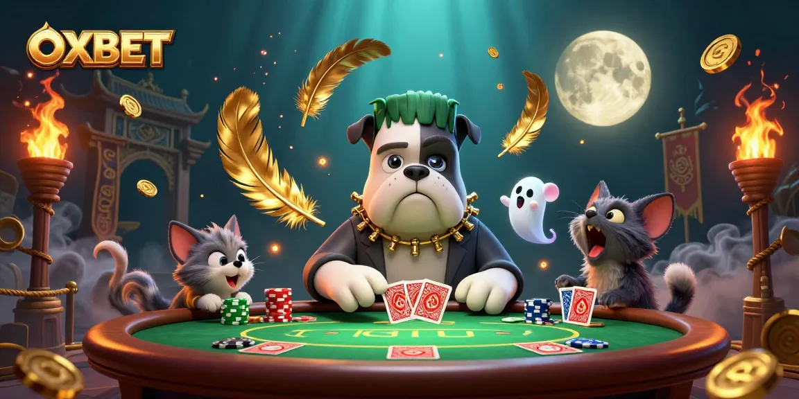 Engage with OXBET's thrilling poker scene featuring a Frankenstein bulldog dealer and mystical creatures.